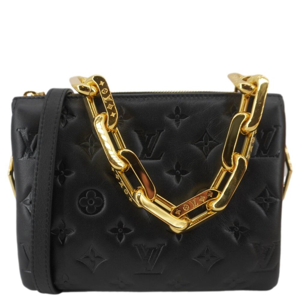 Louis Vuitton Black Embossed Leather Shoulder Bag with Gold Chain